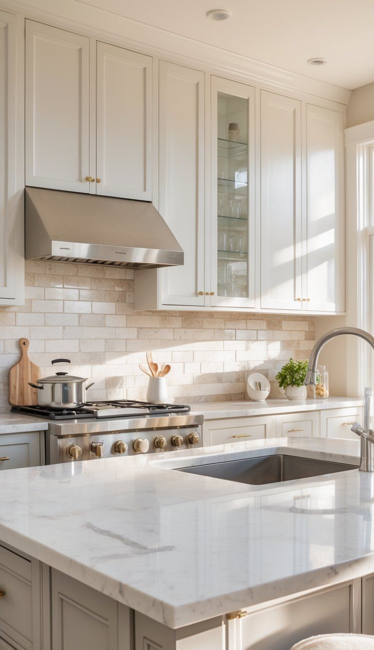 A modern kitchen with a clean, timeless backsplash made of white subway tiles and natural stone.