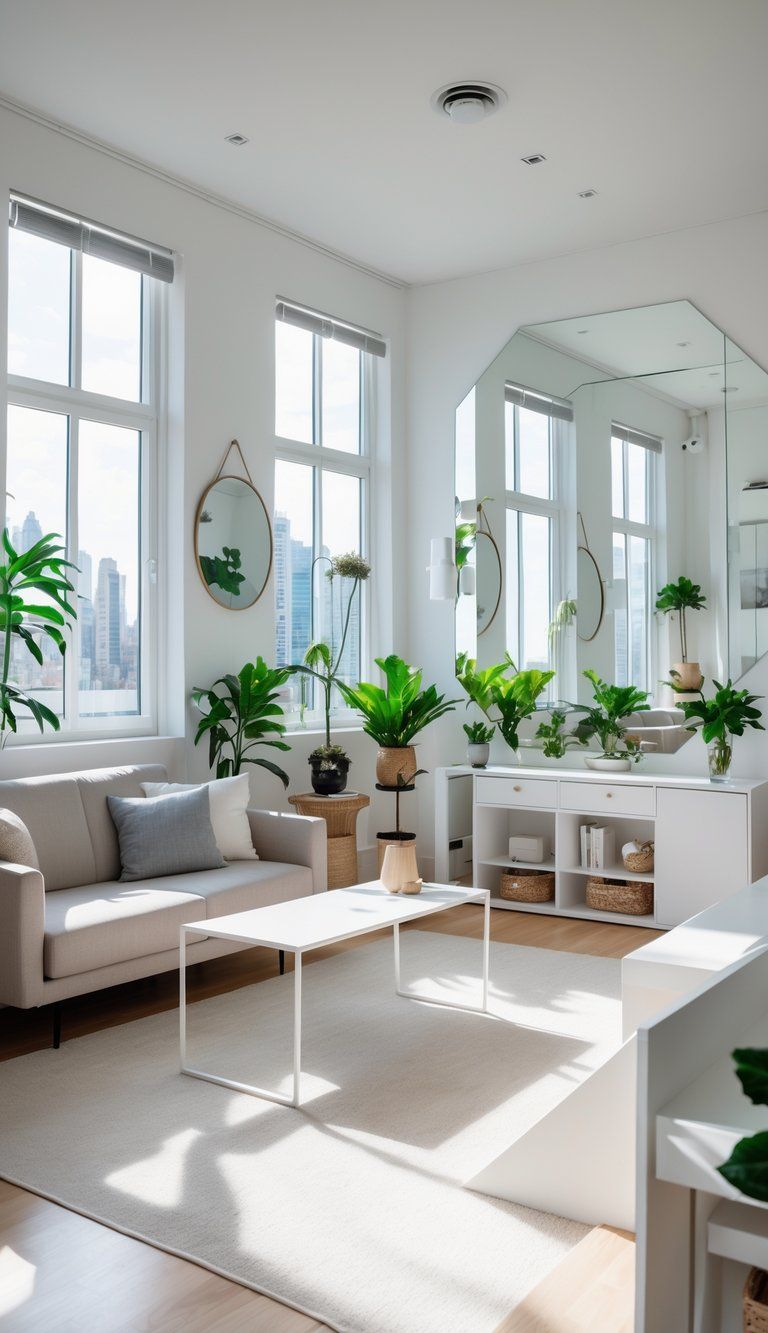 A small, bright living room with light walls, large windows, compact furniture, mirrors, and plants arranged to maximize space and flow.
