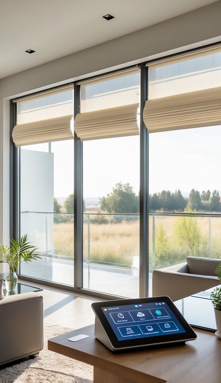 A modern living room with large windows and automated window shades partially lowered, showing a tablet on a side table controlling the smart home features.