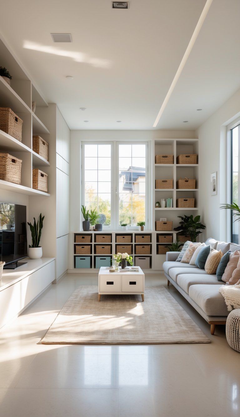 A bright living room with built-in shelves, a sofa, coffee table, and organized storage solutions.