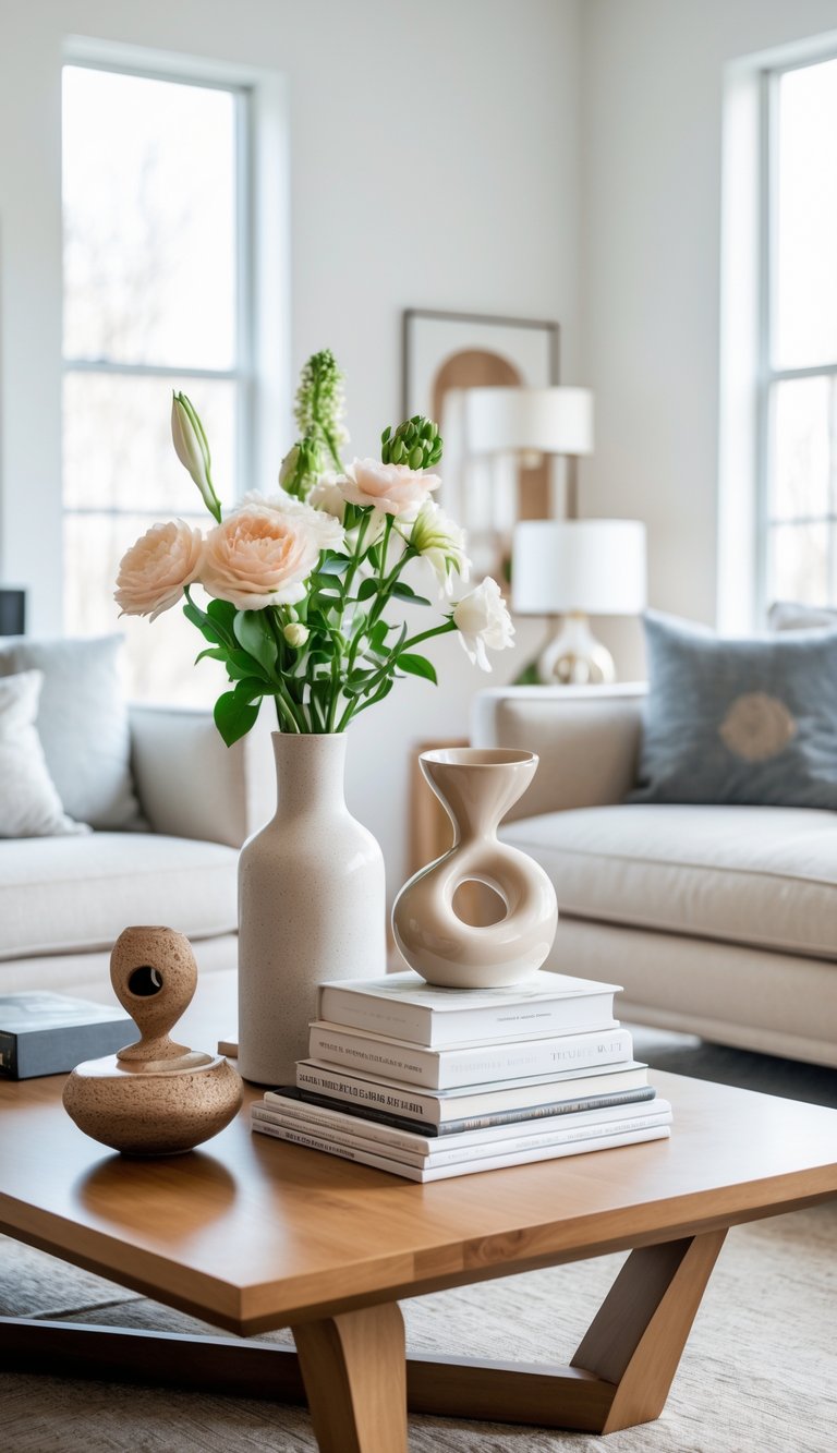 A coffee table with books, a vase of flowers, and decorative objects in a bright living room.