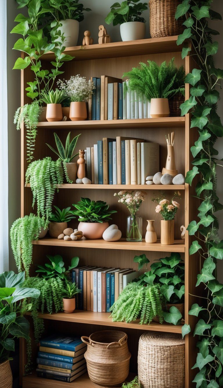 A wooden bookshelf filled with books, green plants in pots, and natural decorative items like stones and dried flowers.