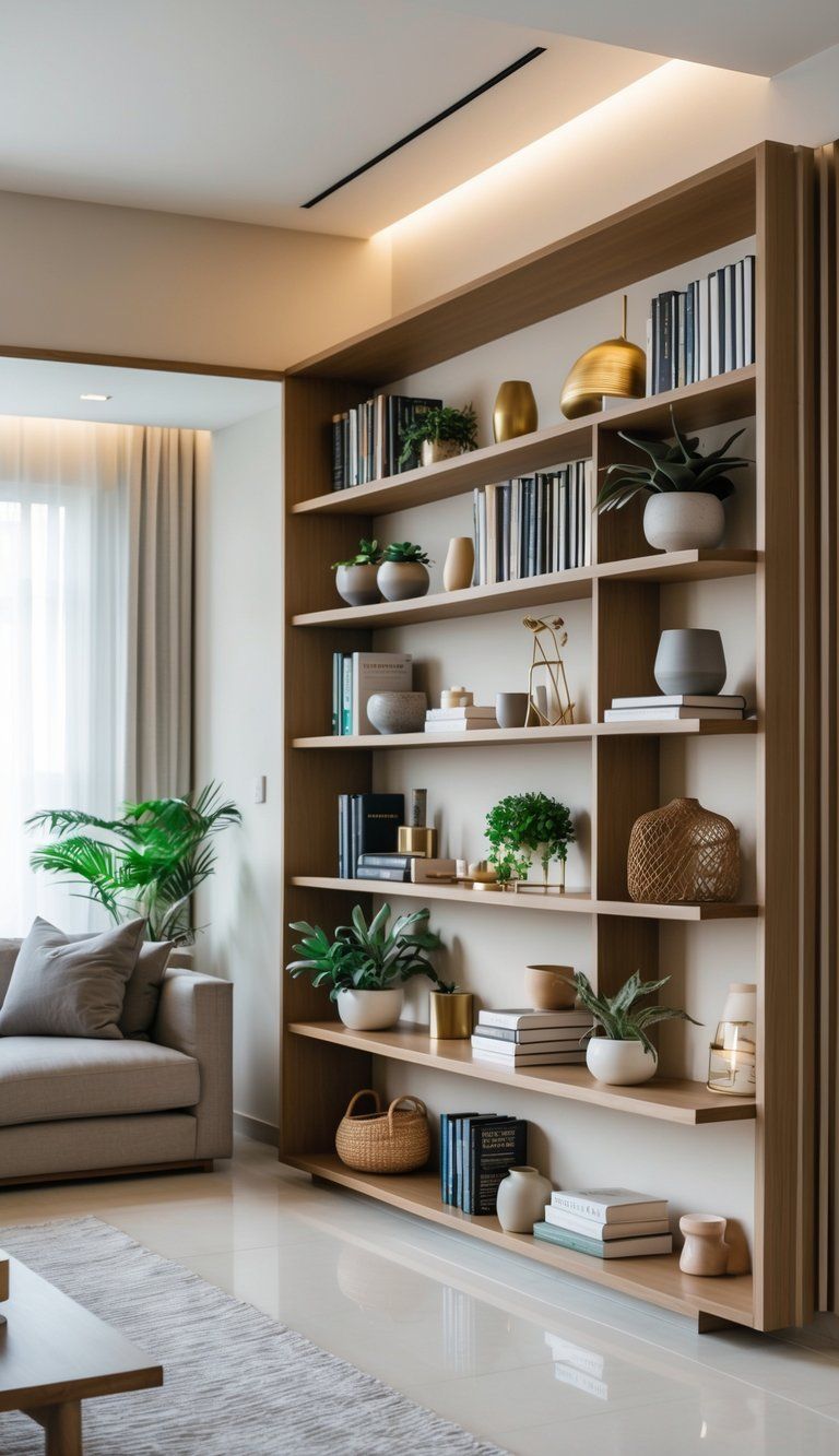 A modern living room with neatly arranged shelves filled with books, plants, and decorative items.