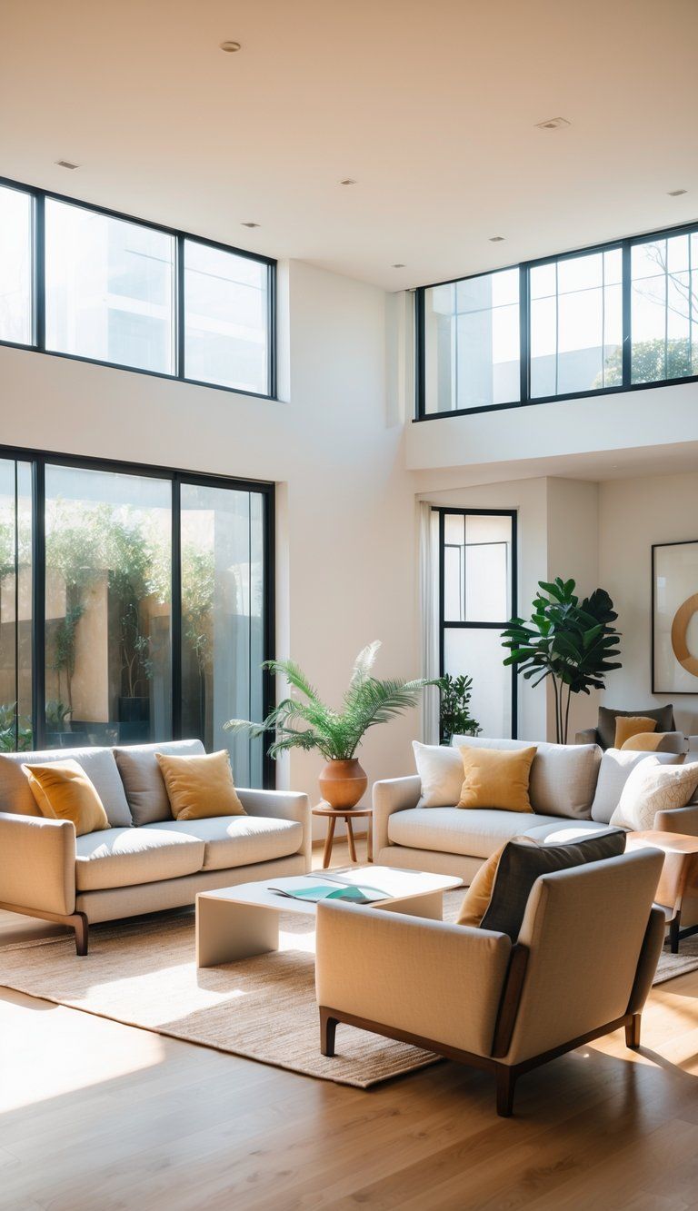 A modern living room with a sofa, armchairs, coffee table, and large windows letting in natural light.