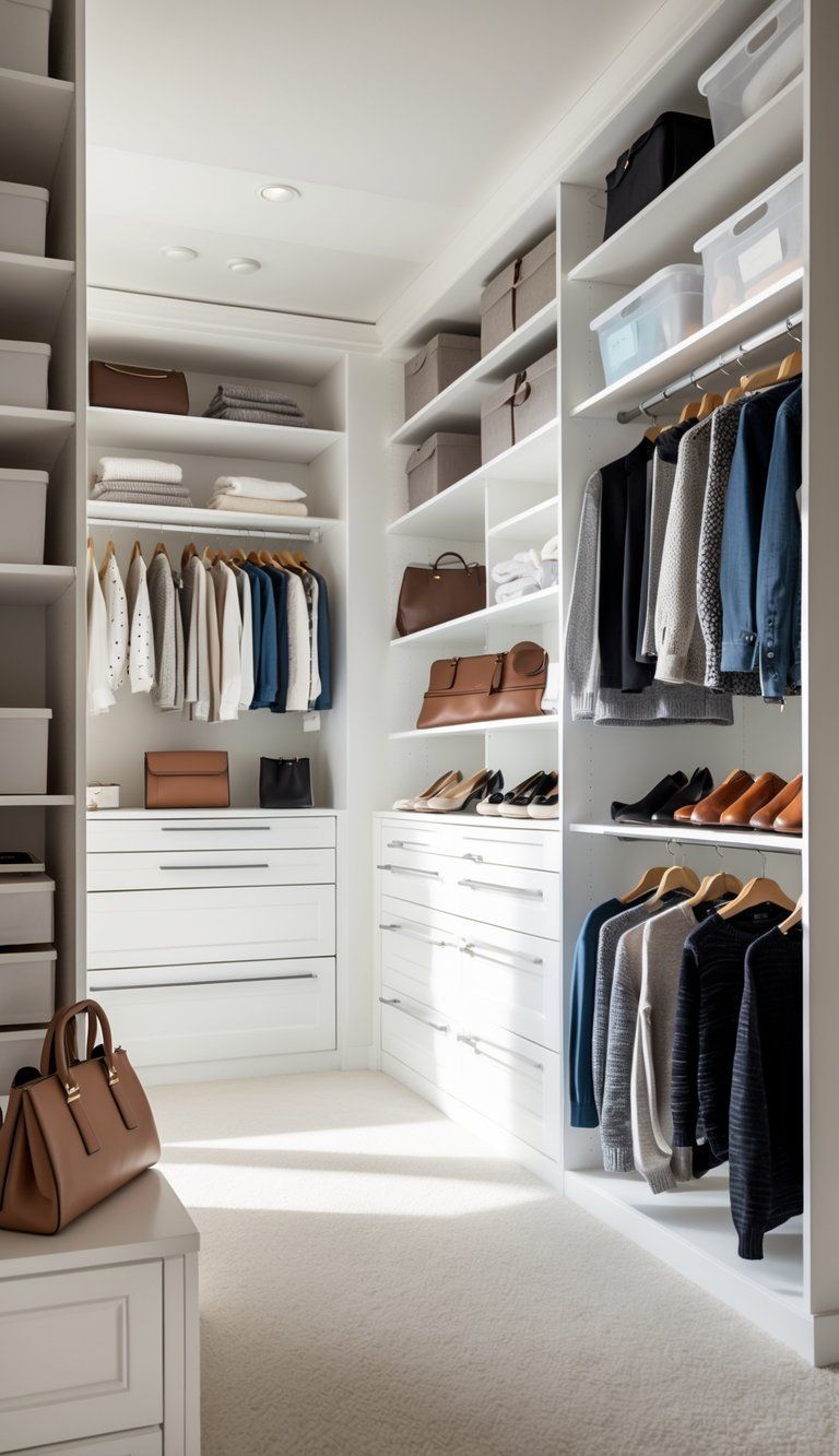 A spacious walk-in closet with neatly organized shelves, hanging clothes, drawers, and storage bins, demonstrating efficient use of storage space.