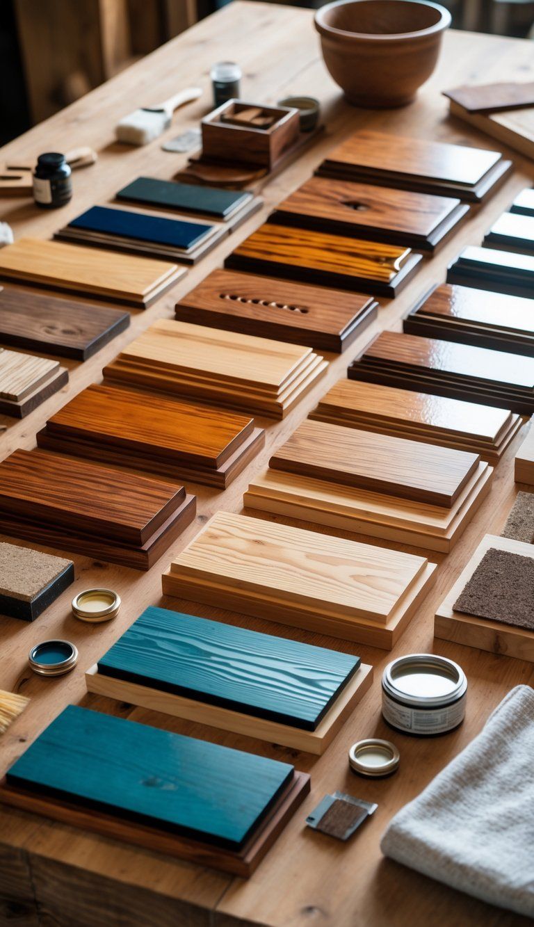 Various wood samples with different finishes and wood finishing tools arranged on a wooden table.