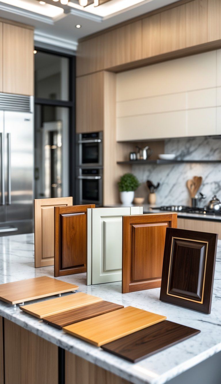 A modern kitchen countertop displaying different kitchen cabinet door samples made from various materials and styles.