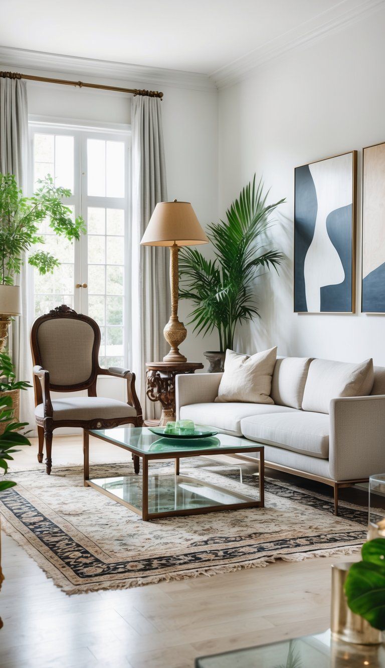 A living room with a mix of vintage and modern furniture, including a carved wooden armchair, glass coffee table, sofa, plants, and decorative items.