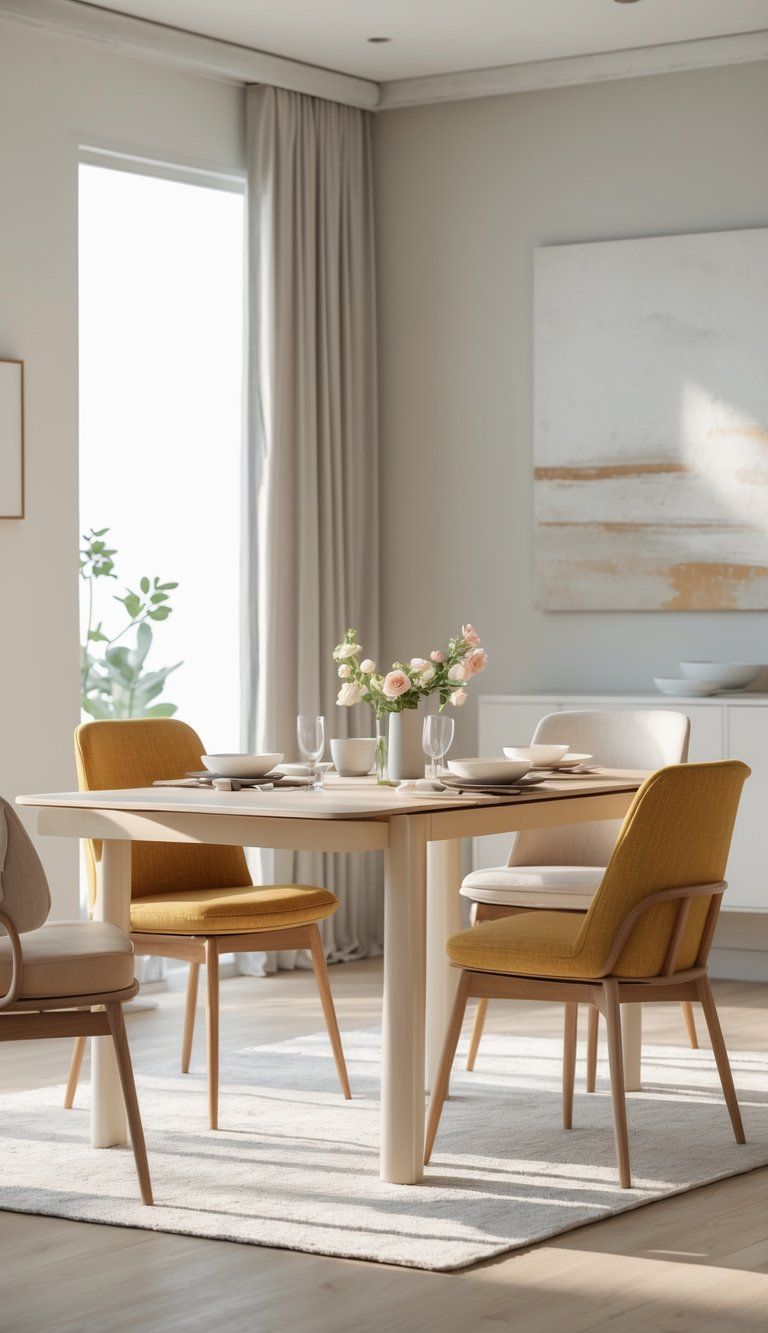 A dining table with matching chairs set in a bright room, featuring a vase with flowers and simple tableware.