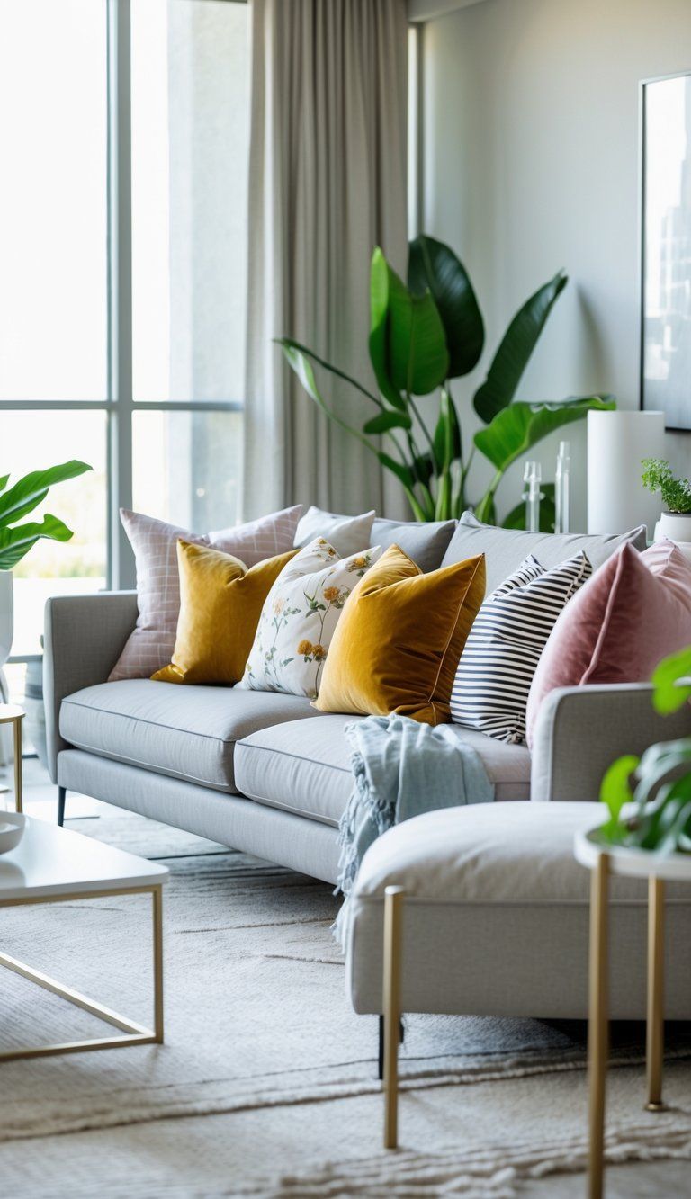 A living room with a sofa decorated with various pillows arranged in different colors and patterns.