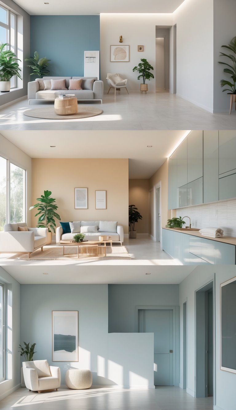 Interior room showing different paint finishes on walls and surfaces including matte, satin, semi-gloss, and gloss in various home areas.