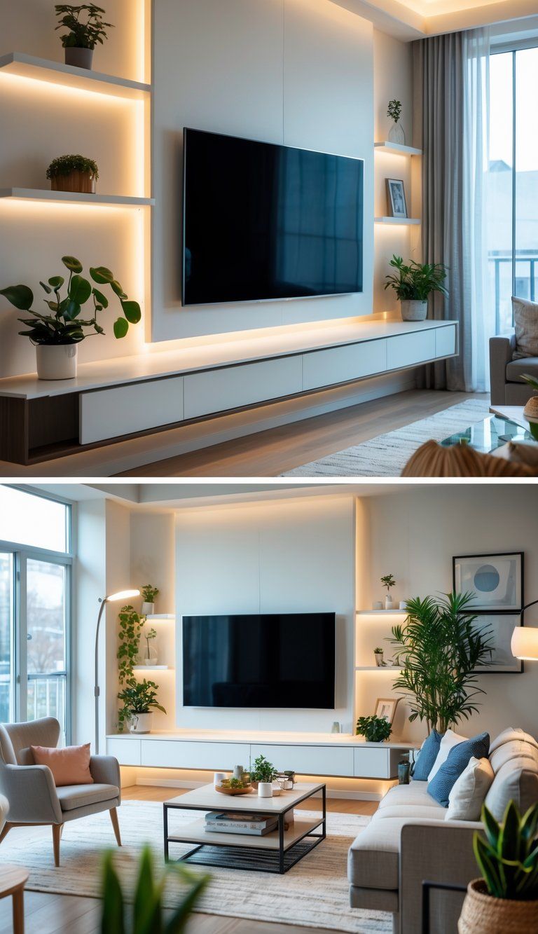 A modern living room with a wall-mounted TV, comfortable sofa, coffee table, plants, and a reading nook with a chair and lamp.