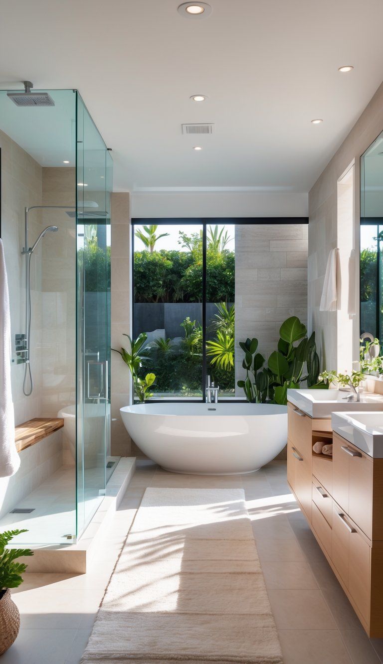 A modern bathroom with a walk-in shower, freestanding bathtub, double vanity, and natural light from large windows.
