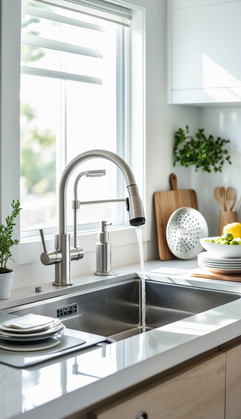 A modern kitchen sink with faucet and accessories on a countertop in a bright kitchen.