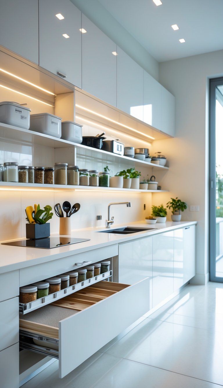 A modern kitchen with organized shelves, pull-out drawers, and neatly arranged kitchen items under natural light.