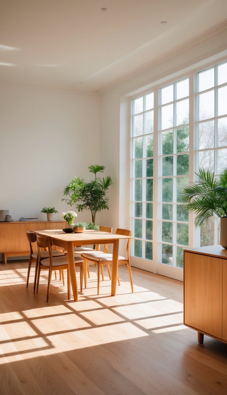 A sunlit living room with wooden furniture and hardwood floors in different wood tones, featuring large windows and indoor plants.