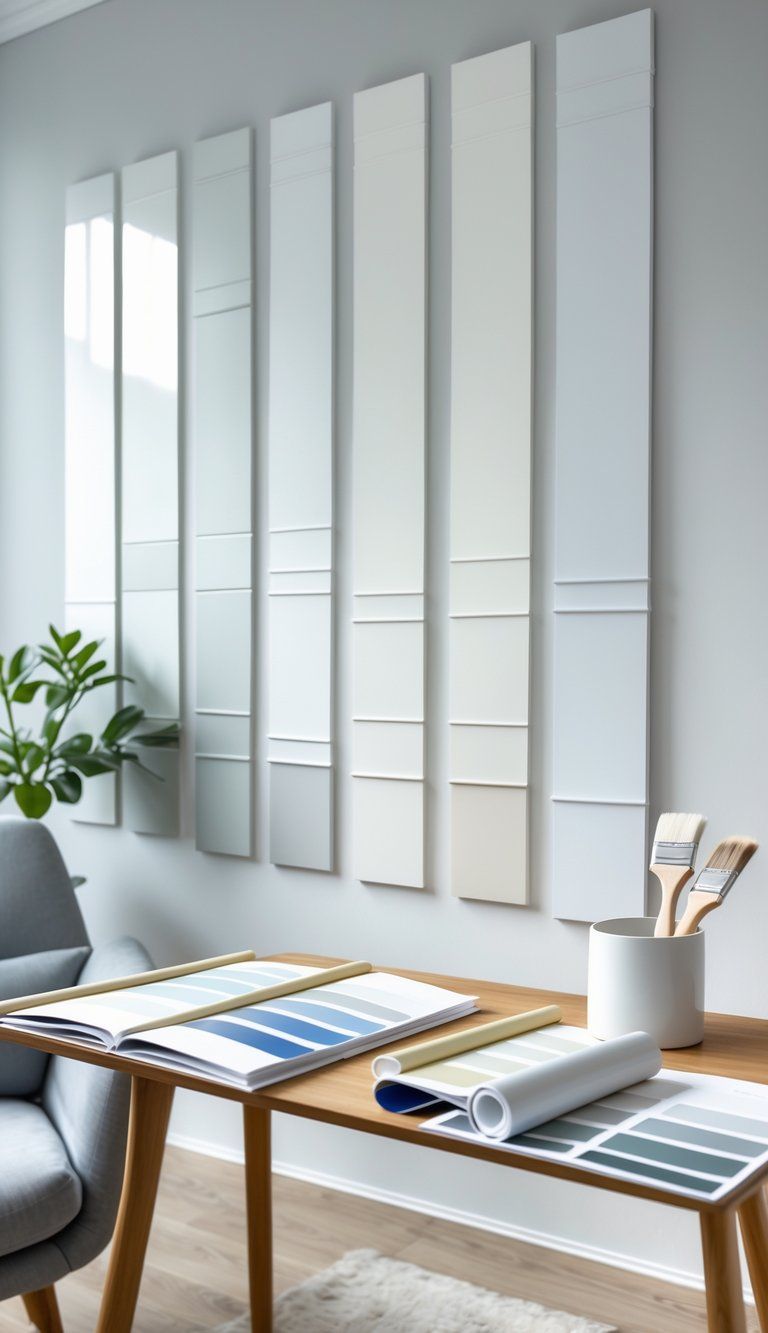 A modern interior wall divided into panels showing different white paint finishes with paint samples and tools on a table in front.