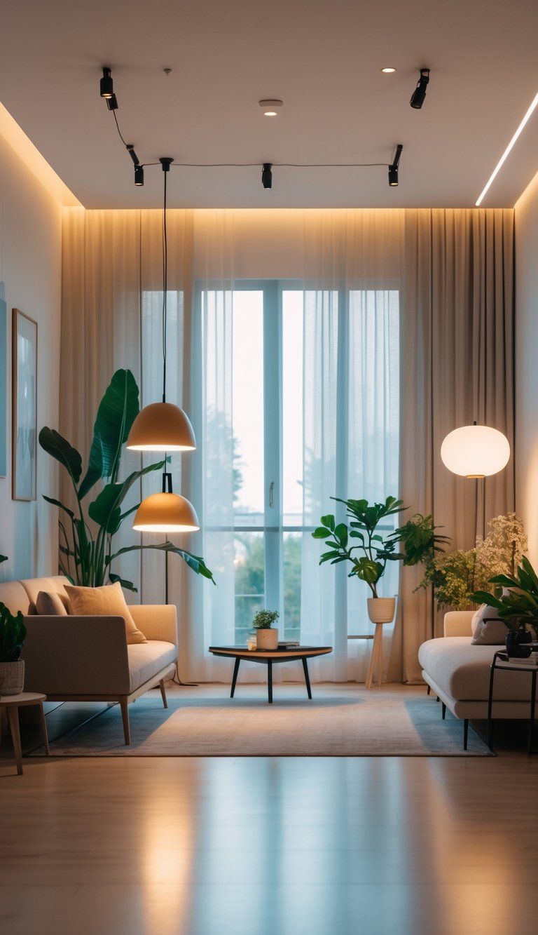 A modern living room with various lighting fixtures including pendant lights, a floor lamp, recessed lighting, and natural daylight through large windows.