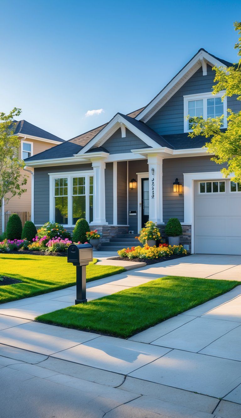 A suburban house with a fresh front door, manicured lawn, colorful flowers, clean driveway, and outdoor lighting under a clear sky.
