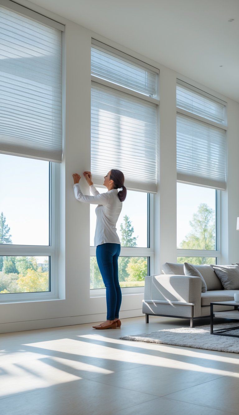 A person examining well-installed window treatments in a bright modern living room with large windows.