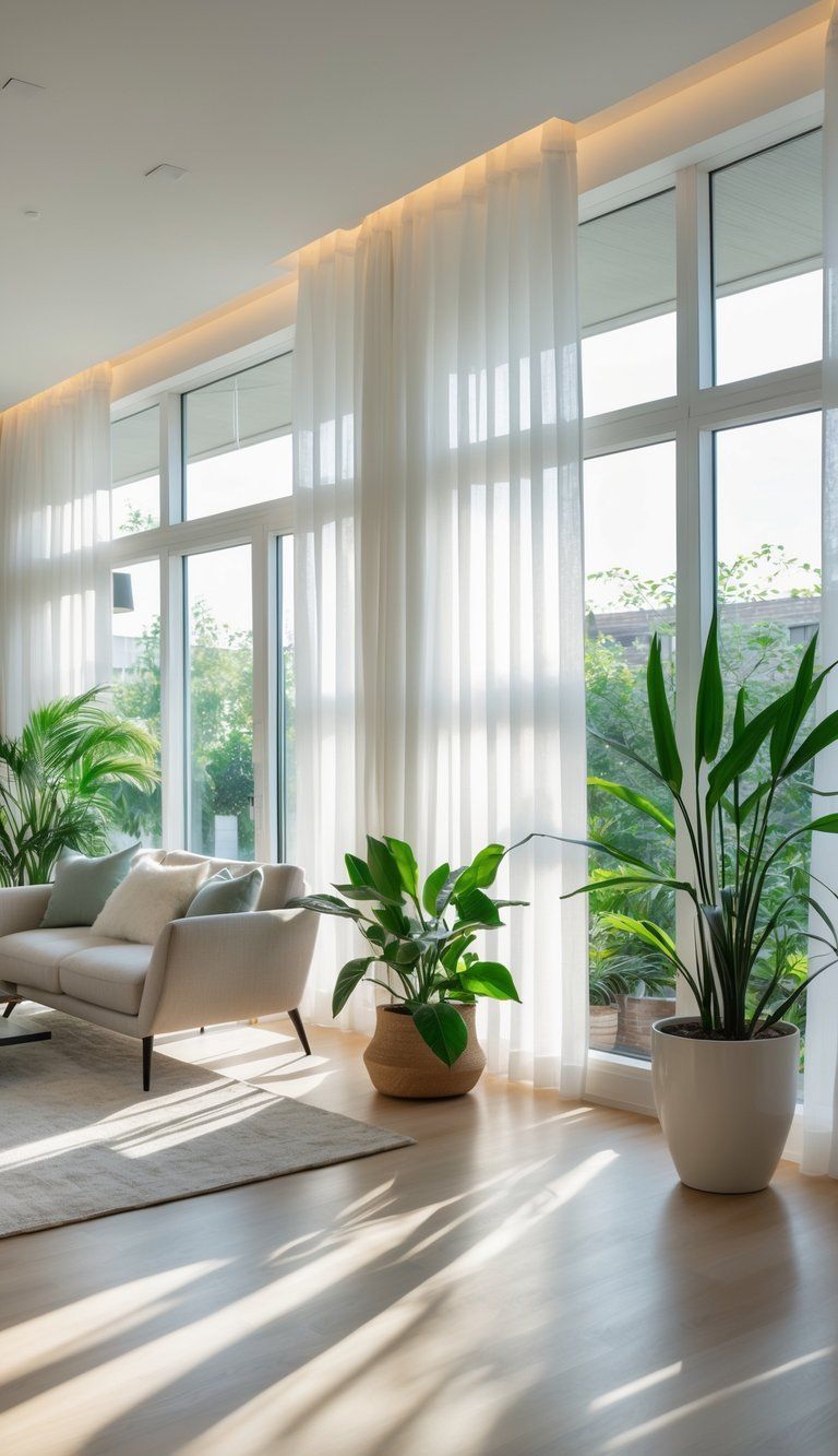 A bright living room with large windows covered by sheer white curtains allowing soft sunlight to fill the space.