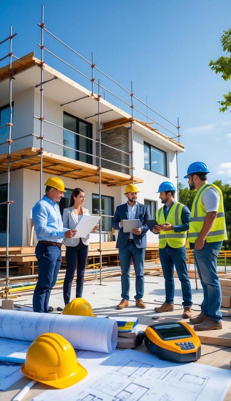 A group of people reviewing blueprints and plans in front of a house under renovation with construction workers and materials around.