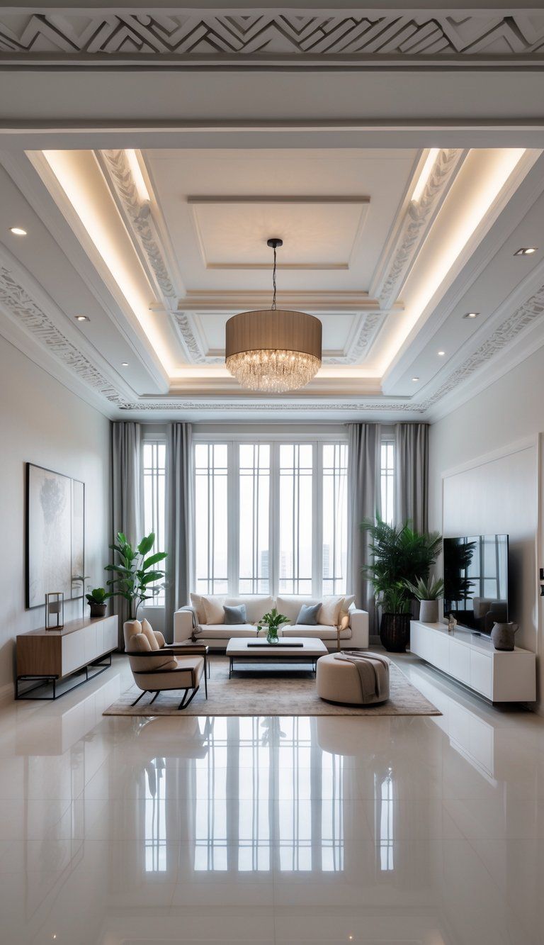 A living room with a detailed ceiling featuring molding, recessed lights, and a chandelier, viewed from below.