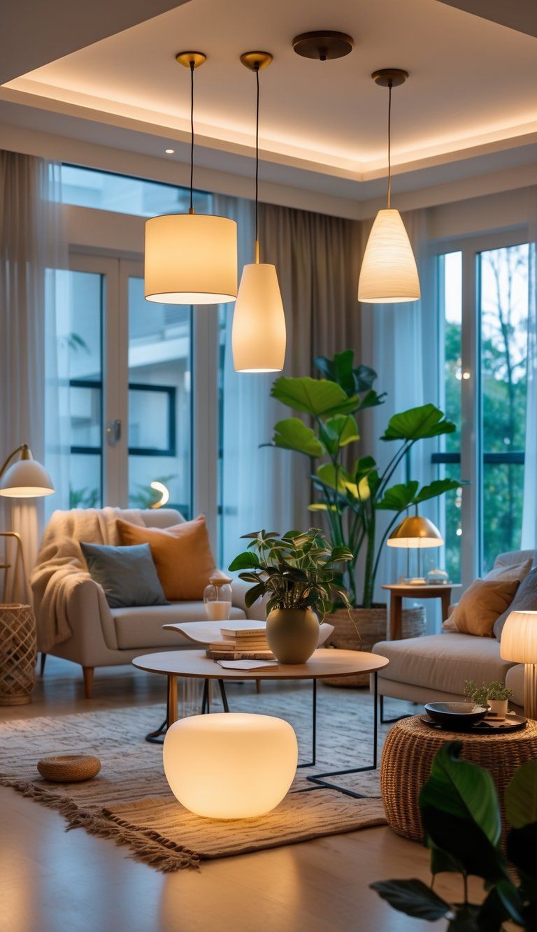 A modern living room with various lighting fixtures including pendant lights, floor lamps, and table lamps illuminating the space with warm and cool light.