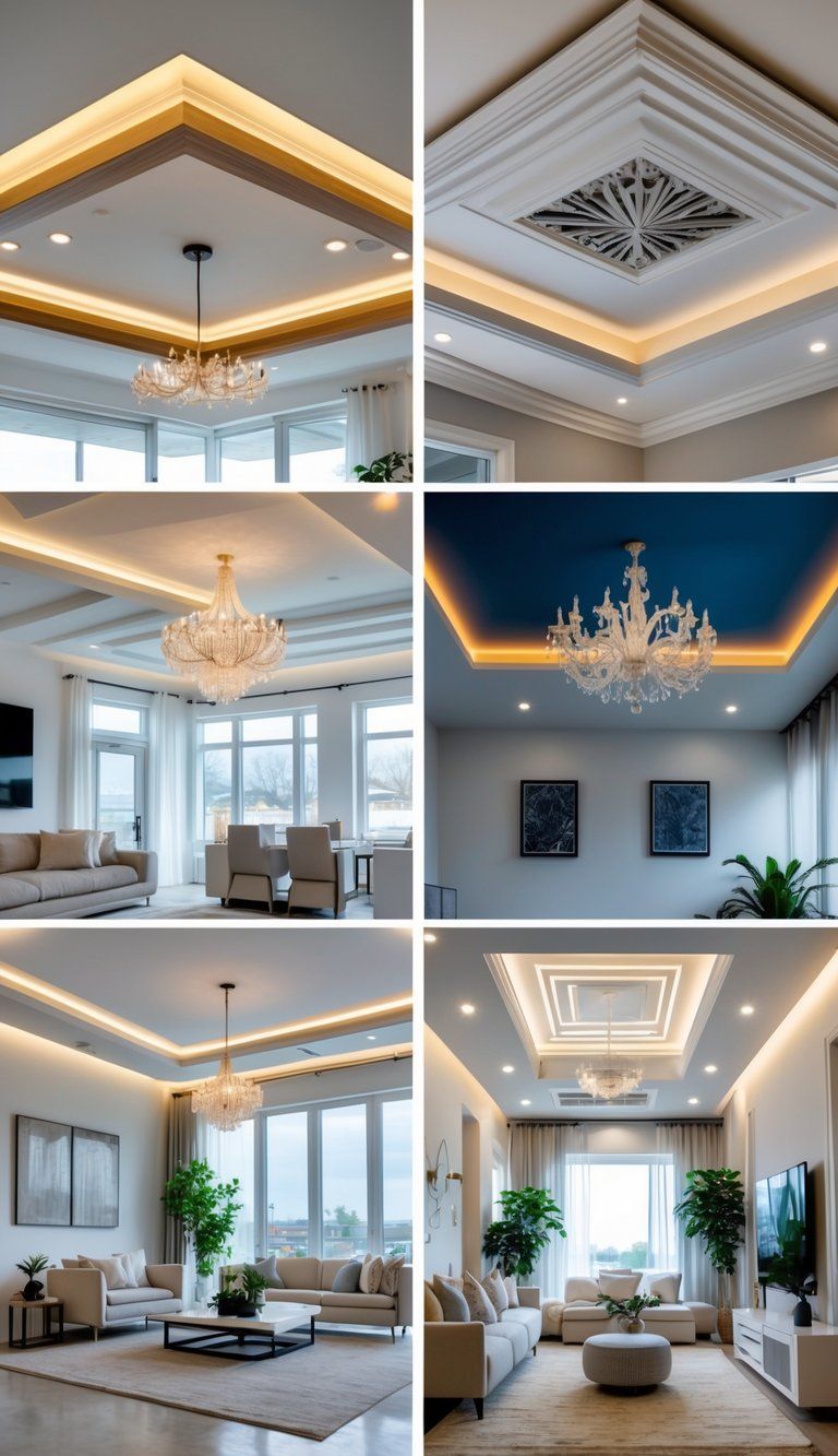 A modern living room featuring seven different ceiling designs including beams, chandelier, painted ceiling, crown molding with lighting, hanging plants, and geometric patterns, with furniture and natural light.