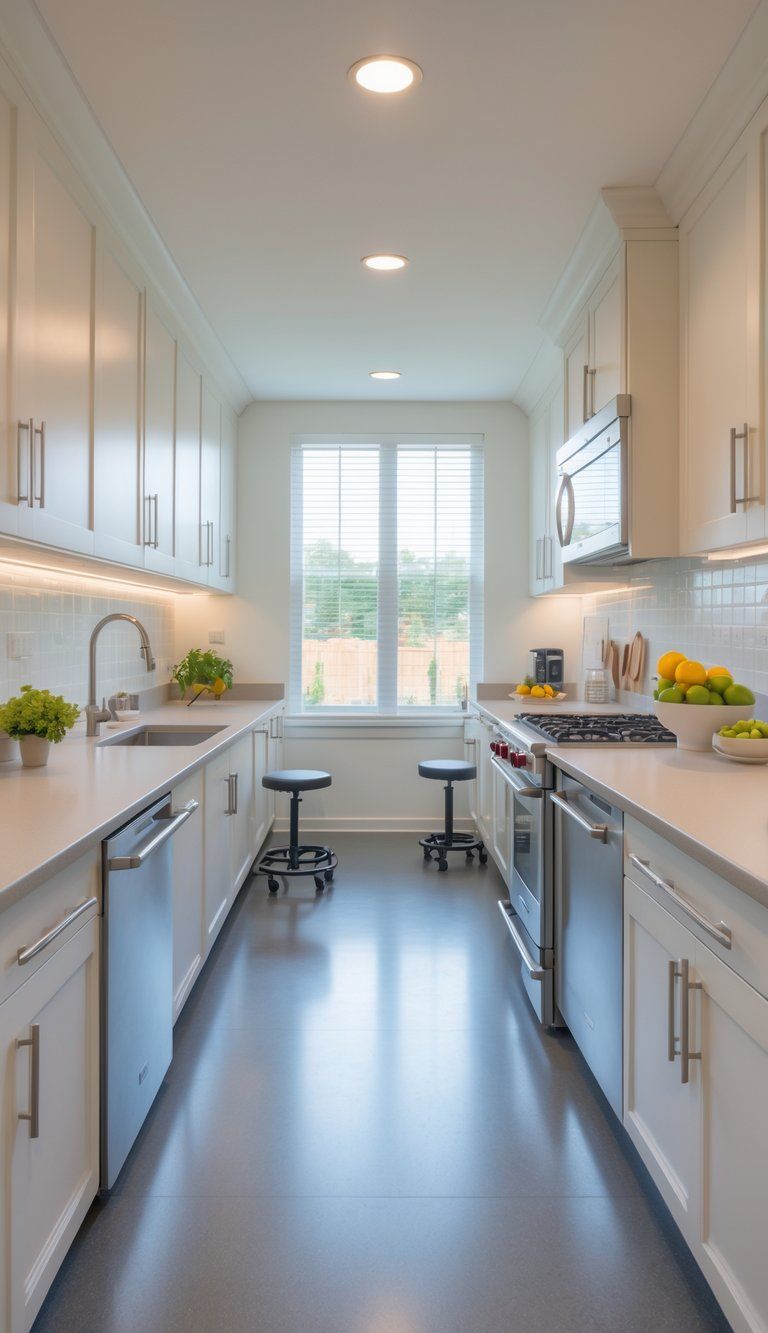 A bright, modern kitchen with wide walkways, accessible cabinets, ergonomic appliances, and ample lighting designed for safety and ease of use.