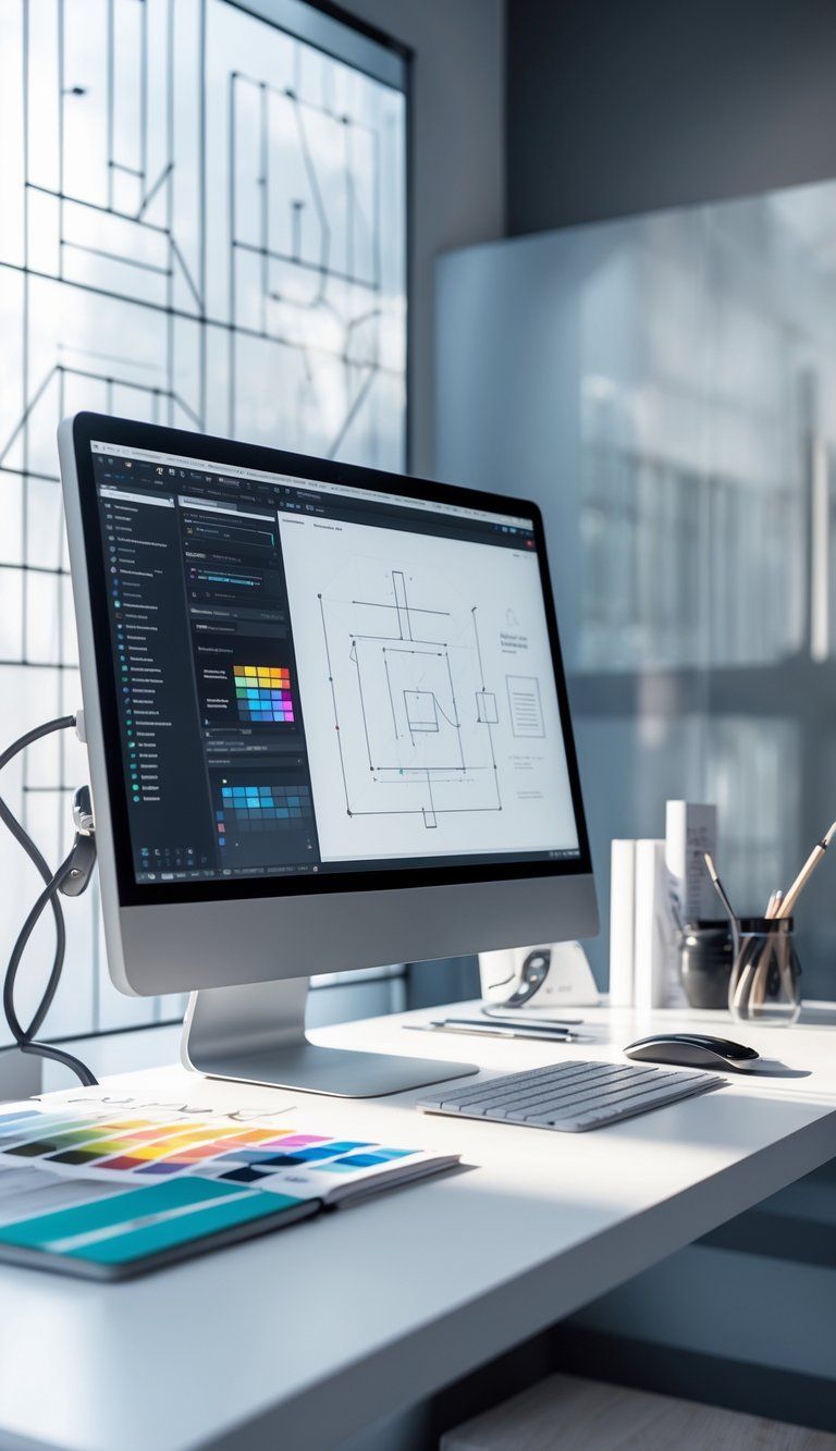 A modern workspace with a sleek desk, a large monitor displaying a detailed digital design, and design tools arranged neatly under soft natural light.