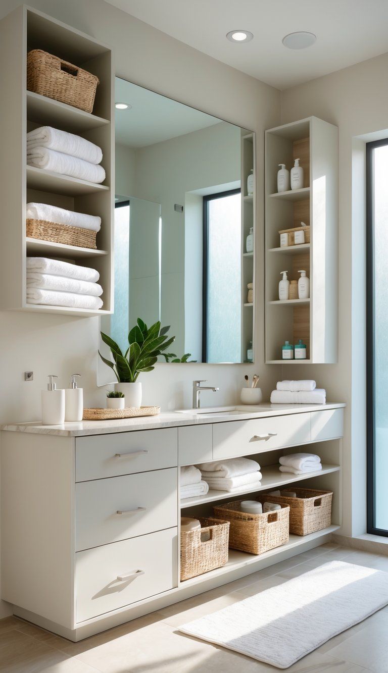 A modern bathroom with organized storage including shelves, cabinets, and a vanity holding towels and toiletries.