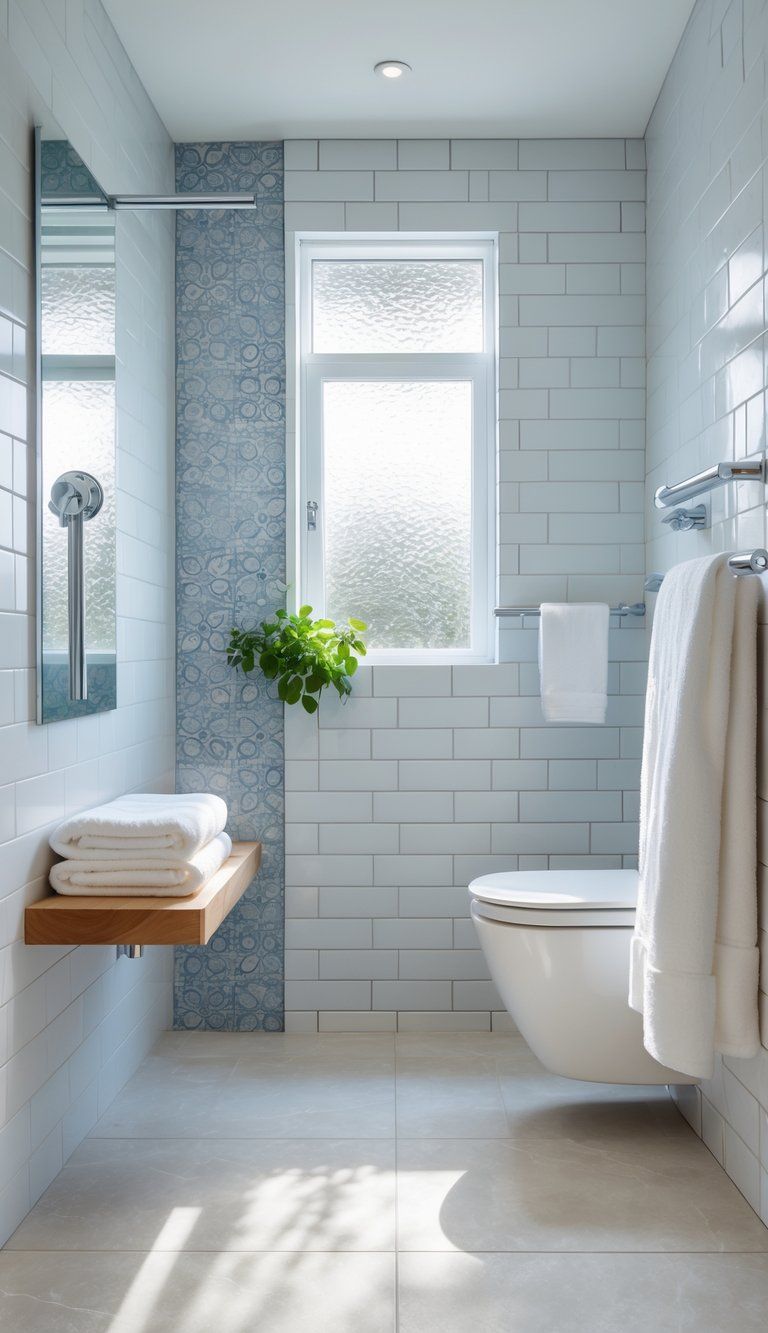 A modern bathroom interior showing different tile patterns on the wall and floor with bathroom accessories like towels and a plant.