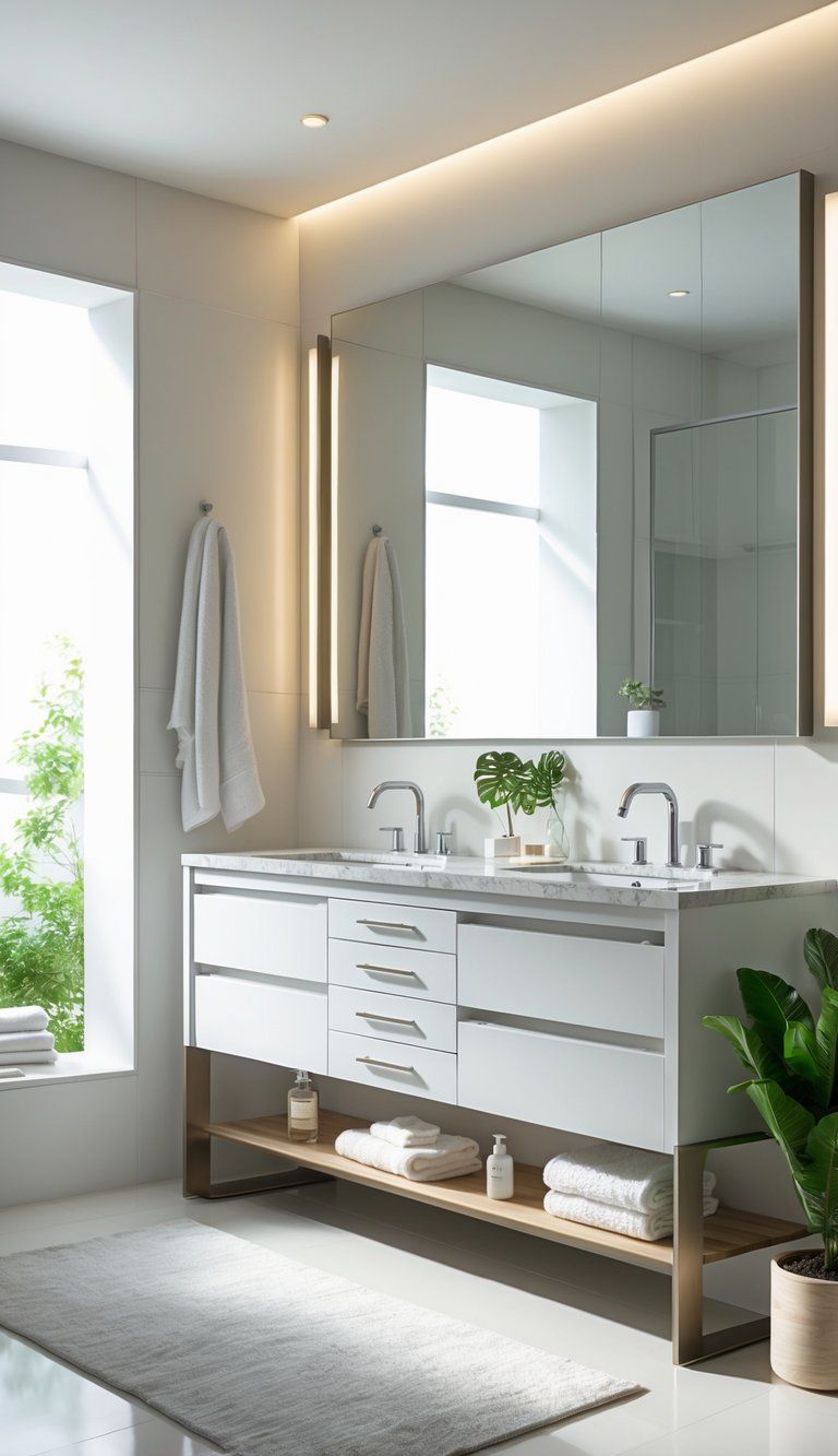 A bright bathroom vanity area with a large mirror, dual sinks, and organized storage spaces, decorated with plants and towels.