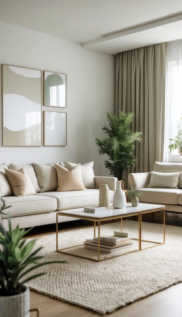 A bright living room with a sofa, coffee table, decorative objects, artwork on the wall, and potted plants near a large window.