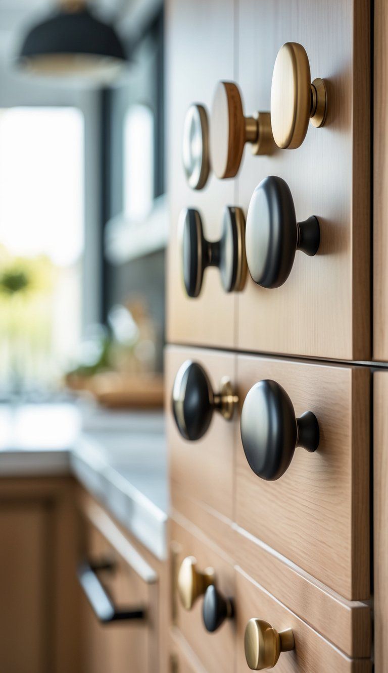 Close-up of cabinet doors with different stylish handles and knobs in a modern kitchen.