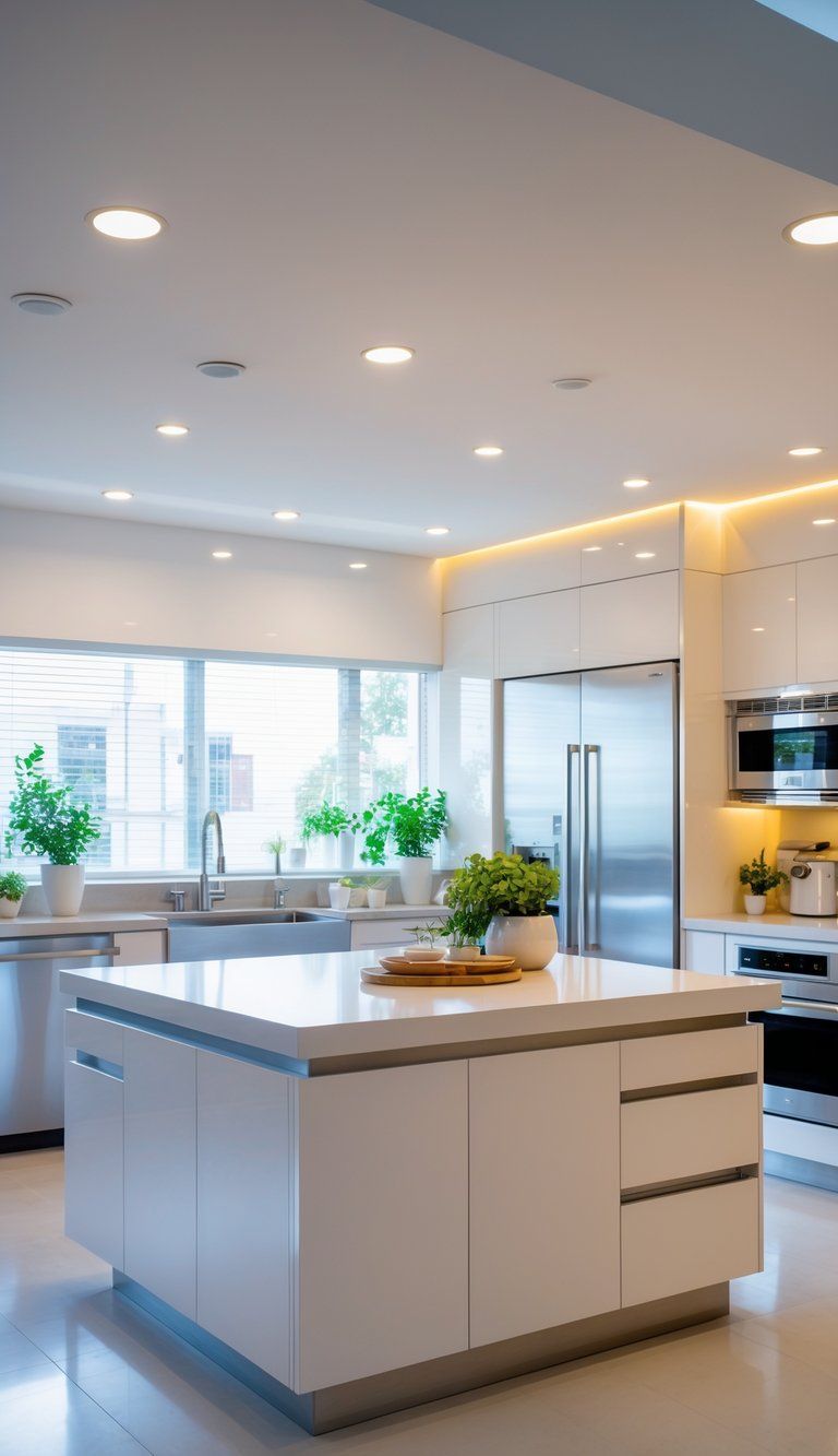 A modern kitchen with a large kitchen island illuminated by natural and artificial light, featuring seating and storage.