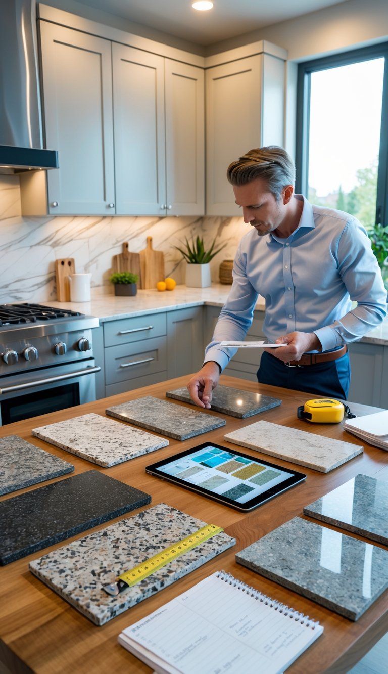 Person reviewing different countertop material samples on a table in a modern kitchen with measuring tools and a tablet nearby.