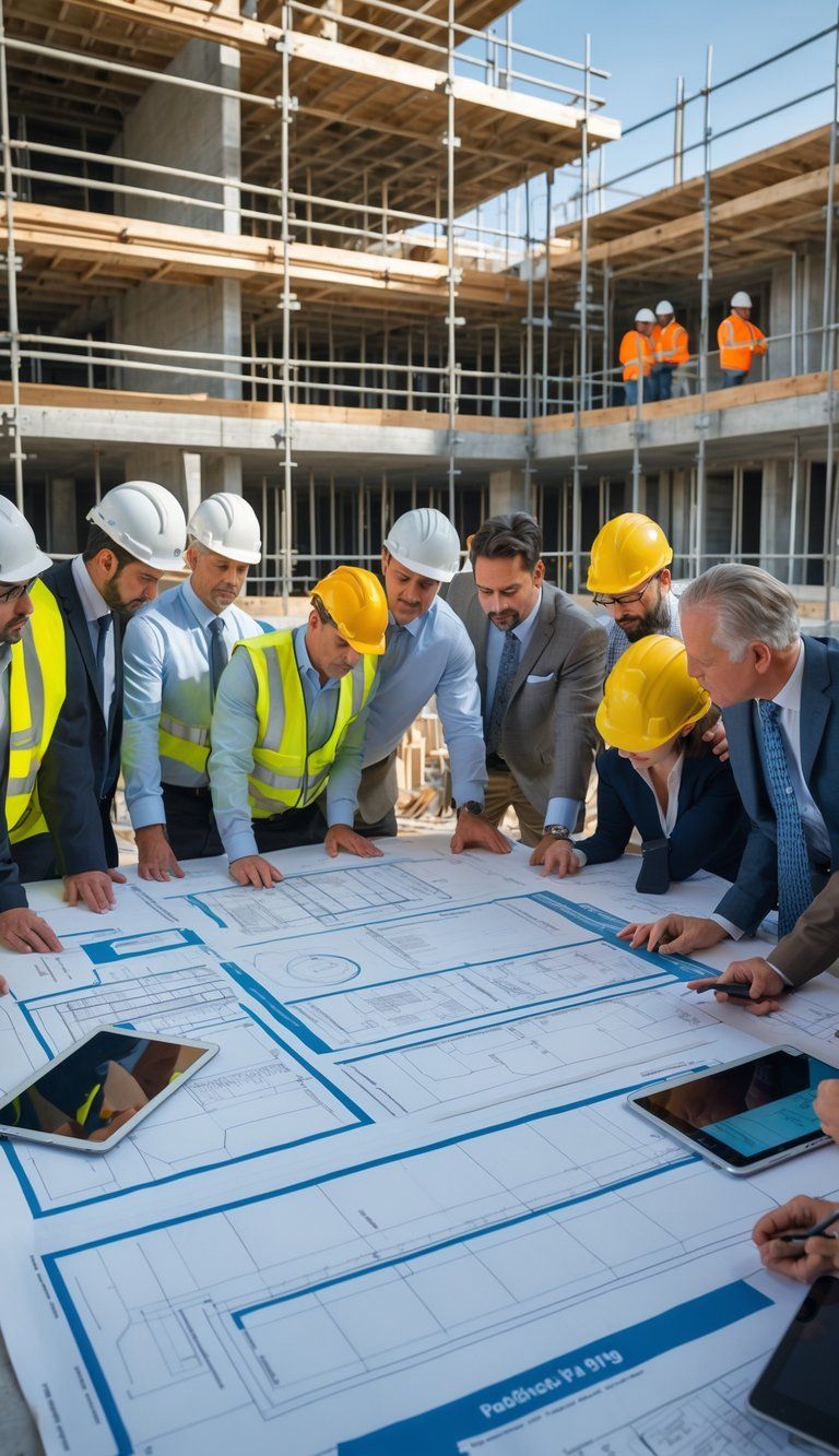 A group of construction professionals reviewing blueprints and digital plans at a table with an active construction site in the background.