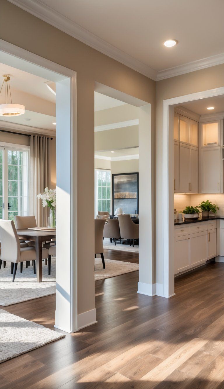 Interior view of connected rooms in a home showing consistent flooring, wall colors, and trim creating a seamless transition between living, dining, and kitchen areas.