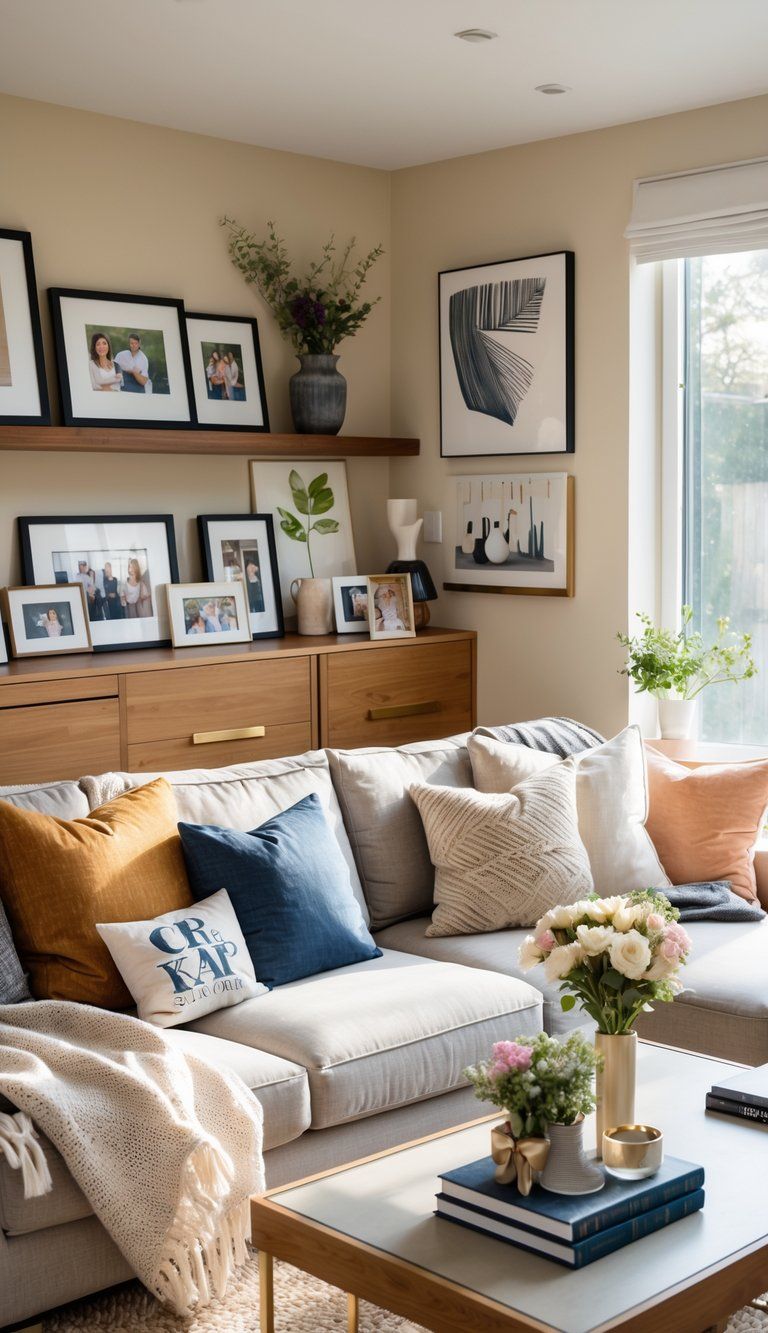 A cozy living room blending sentimental personal items and modern decor, with family photos, decorative objects, and a comfortable sofa under natural light.