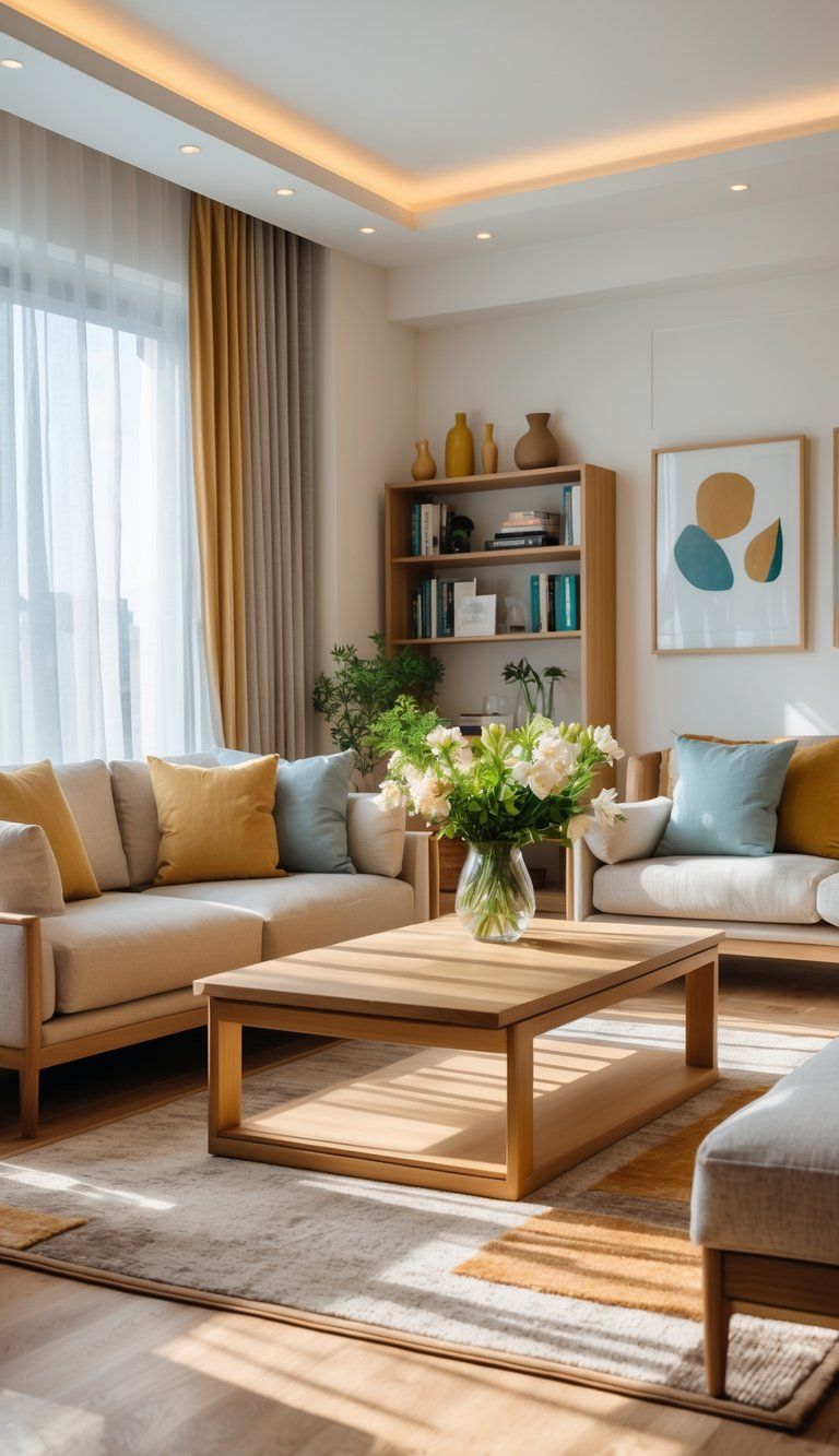 A bright living room with a sofa, coffee table, flowers, bookshelf, and artwork all featuring coordinated colors creating a warm and inviting space.