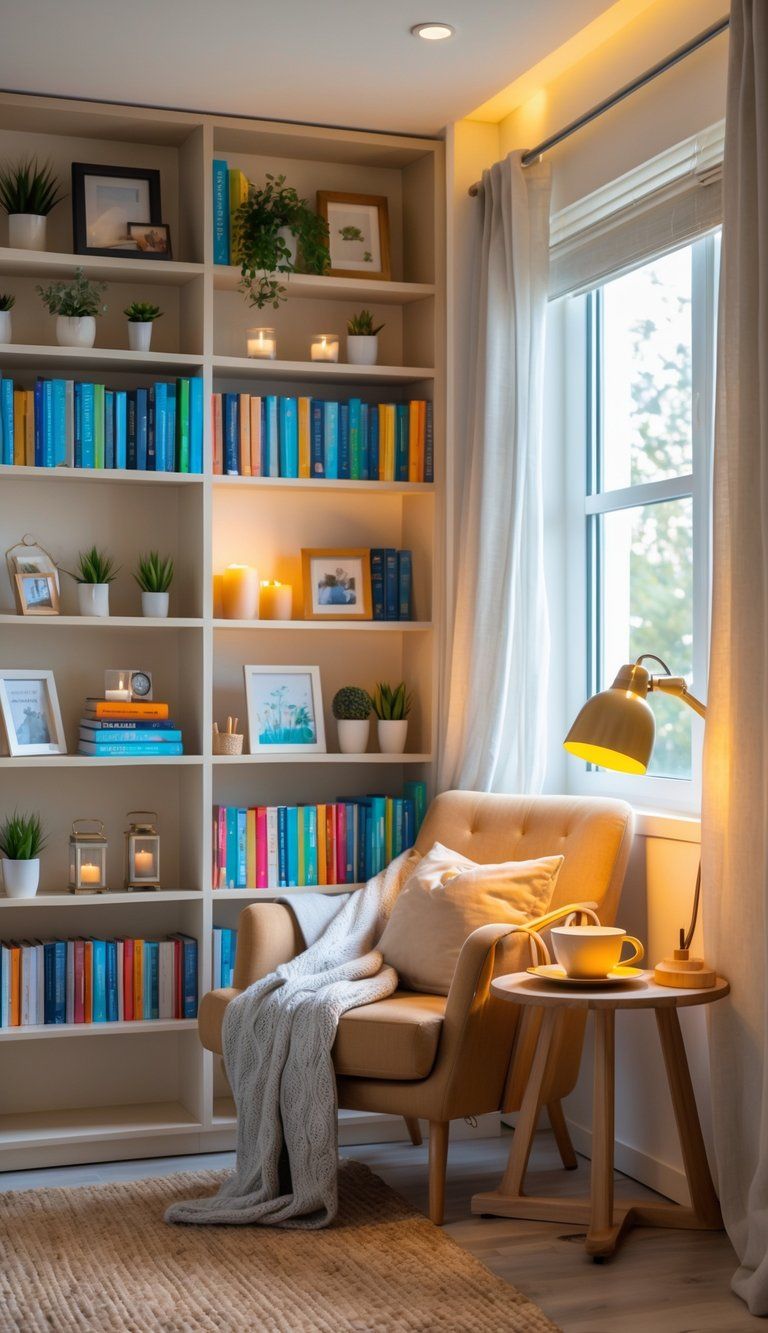 A cozy reading nook with a comfortable armchair, bookshelves filled with books and accessories, a small side table with a cup and lamp, and natural light coming through a window.