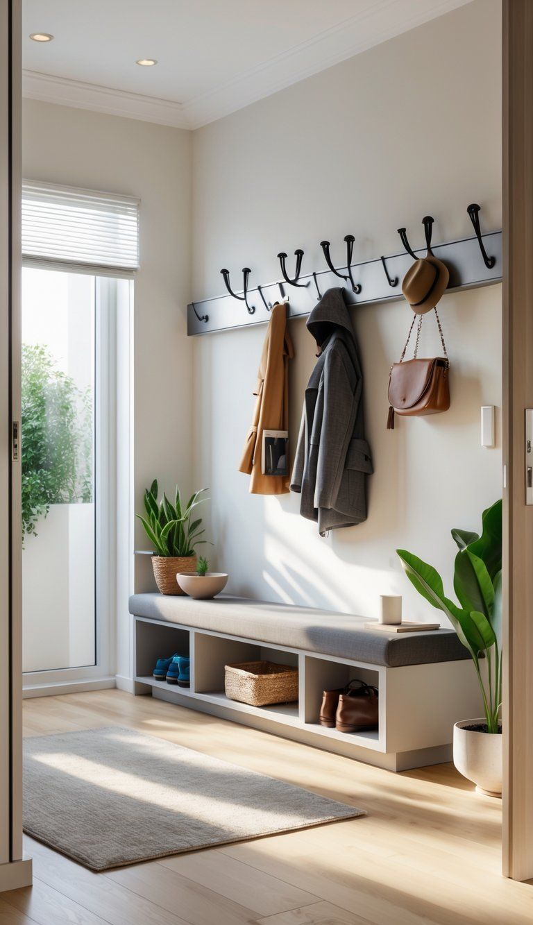 A small, organized entryway with a bench, coat rack, console table, and natural light creating a welcoming atmosphere.