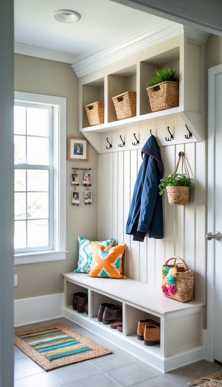 Small mudroom with shelves, hooks holding coats and bags, a bench with cushions, and decorative plants and photos.