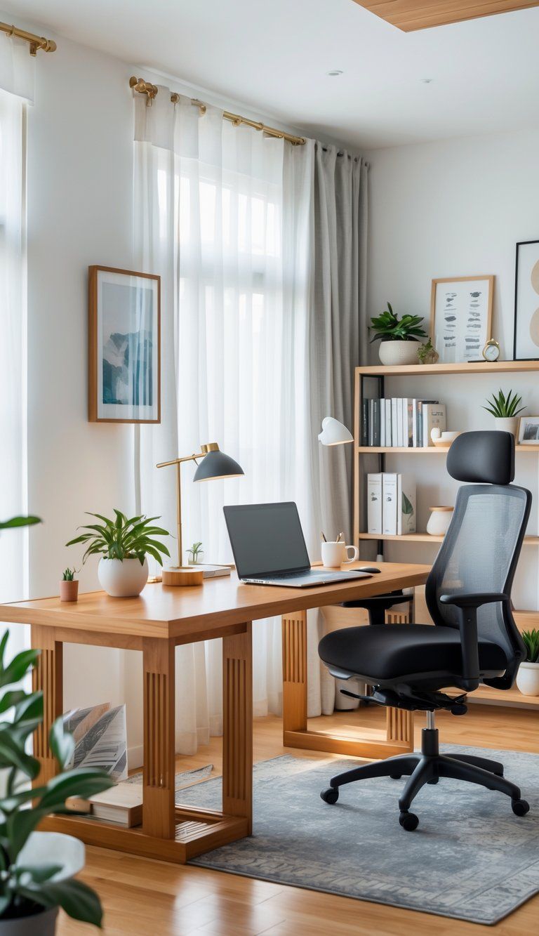 A well-lit home office with a wooden desk, laptop, chair, plants, and shelves filled with books and decor.