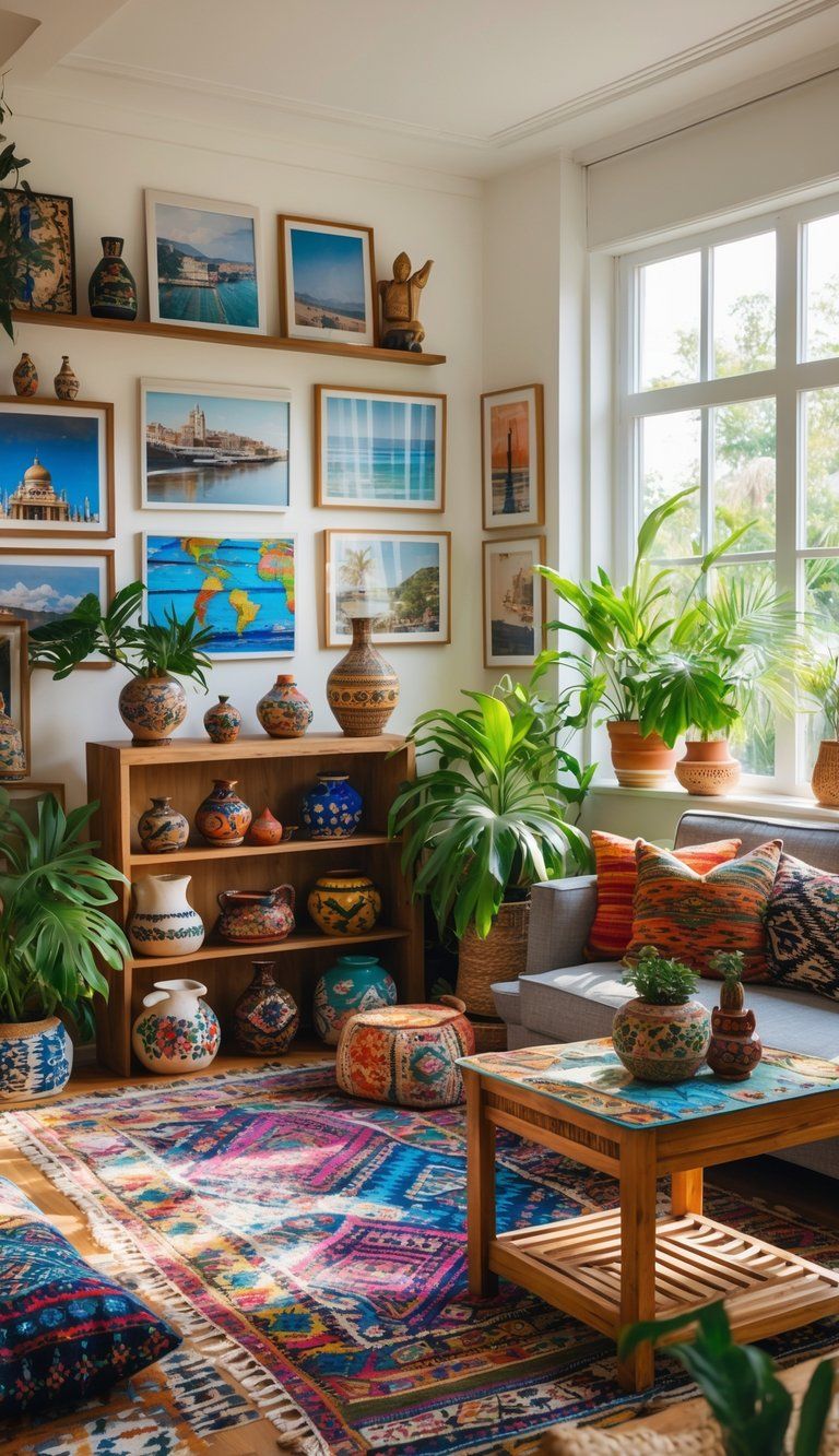 A living room filled with colorful cultural decor, plants, and travel photographs creating a warm and inviting space.