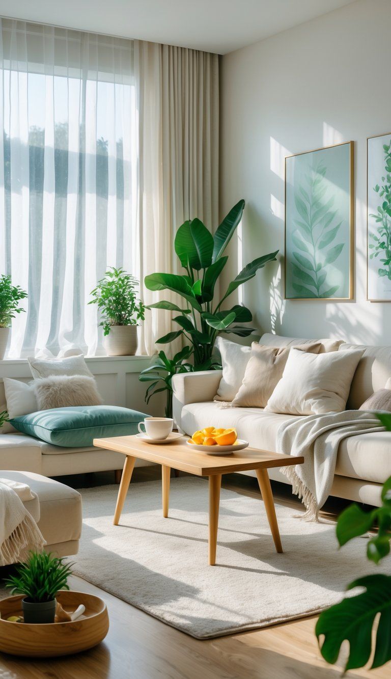 A peaceful living room with natural light, comfortable seating, green plants, and a cozy reading nook.