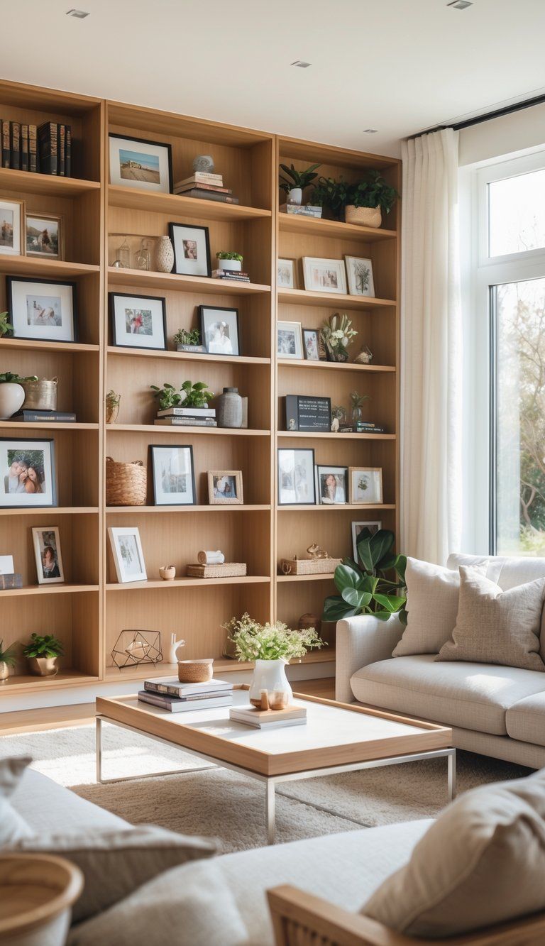 A bright living room with built-in shelves displaying framed photos, books, decorative items, and plants, creating an organized and personal space.