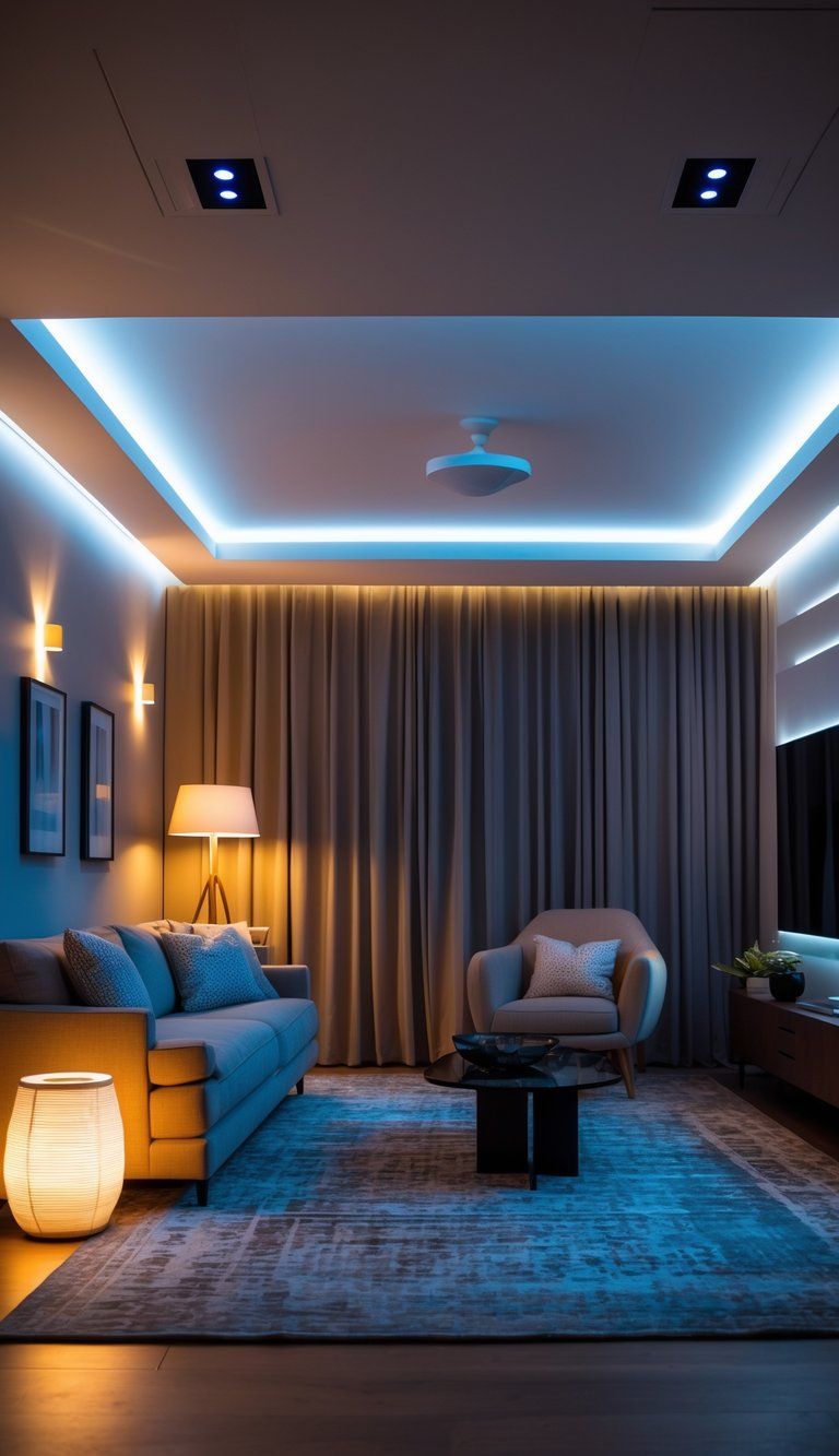 A modern living room with multiple light sources creating a warm and inviting atmosphere through layered lighting.